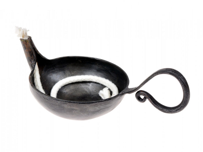 Lámpara de aceite forjada, mango corto, medieval, hierro