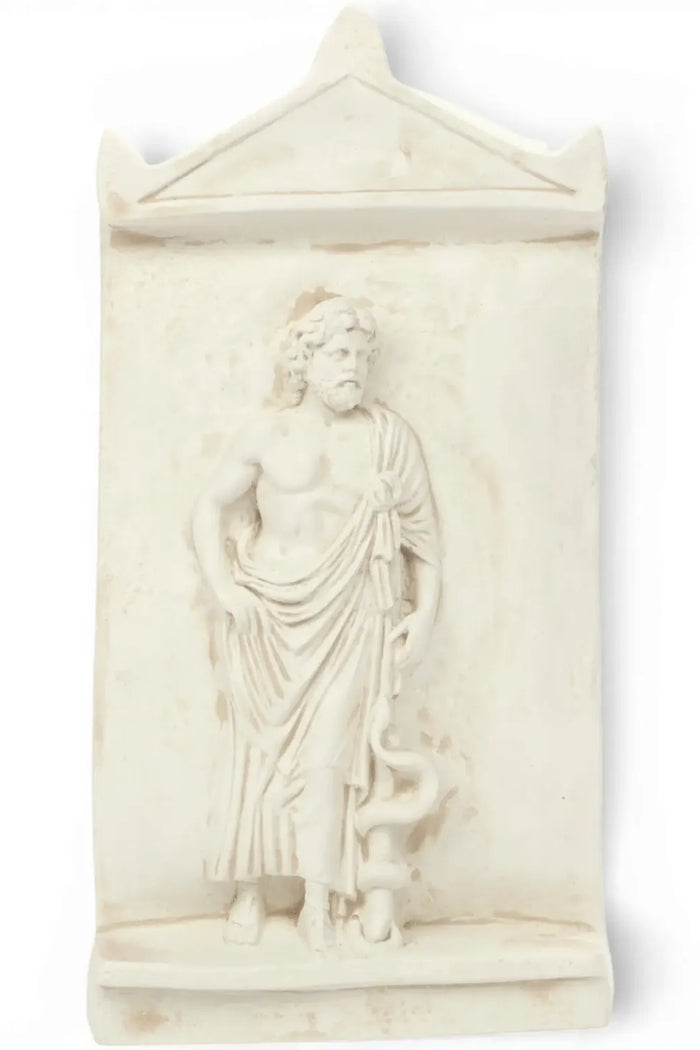 Wandreliëf Asclepius, Griekse god van de geneeskunde, Alabastergips
