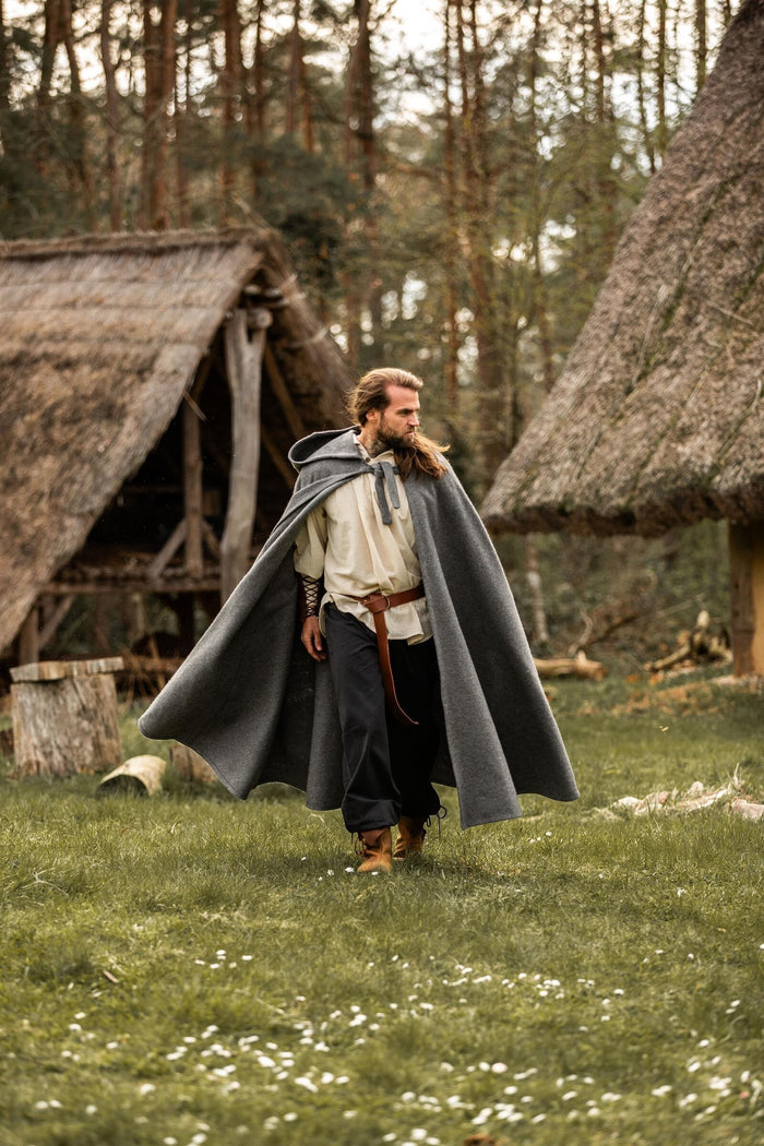 Capa medieval con capucha, gris, mezcla de lana