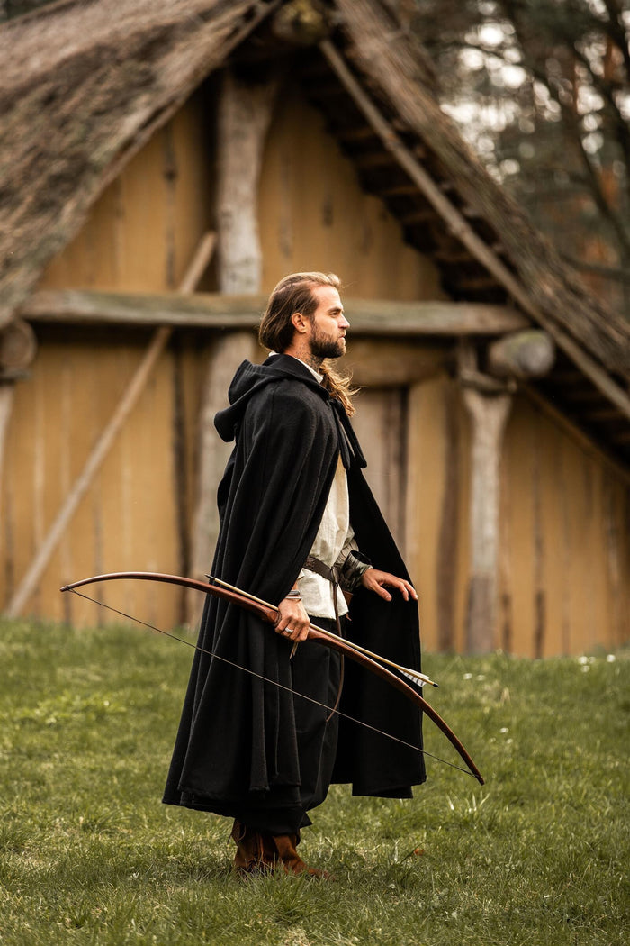 Medieval cloak with hood, black, wool mix