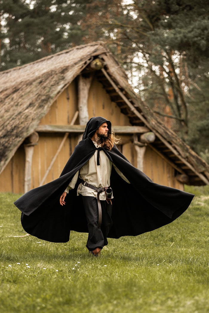 Medieval cloak with hood, black, wool mix
